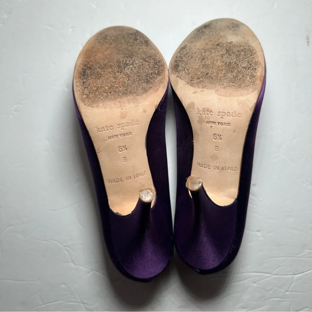 Kate Spade Women’s Purple Satin Peep Toe High Heels with Bow Accent- Size 6.5